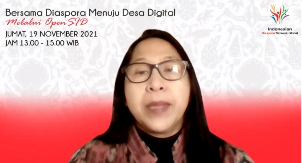 Presiden IDN Global, Kartini  SarsilaNingsih saat memberikan sambutan dalam Webinar OpenDesa-IDN Global dengan tema "Bersama Diaspora Membangun Desa Digital", Jumat(19/11/2021.